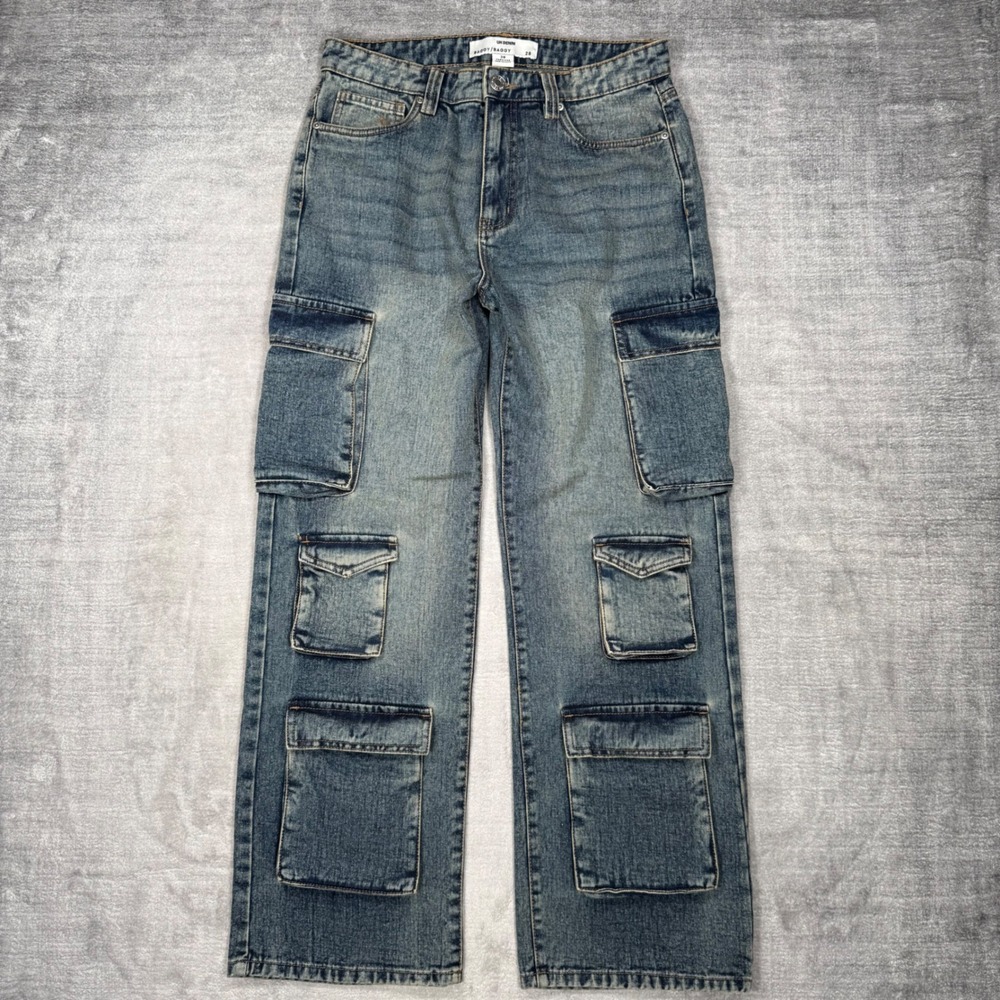 UH Cargo Jeans Womens 28 Blue Baggy Wide Leg Multi Pocket Utility Streetwear